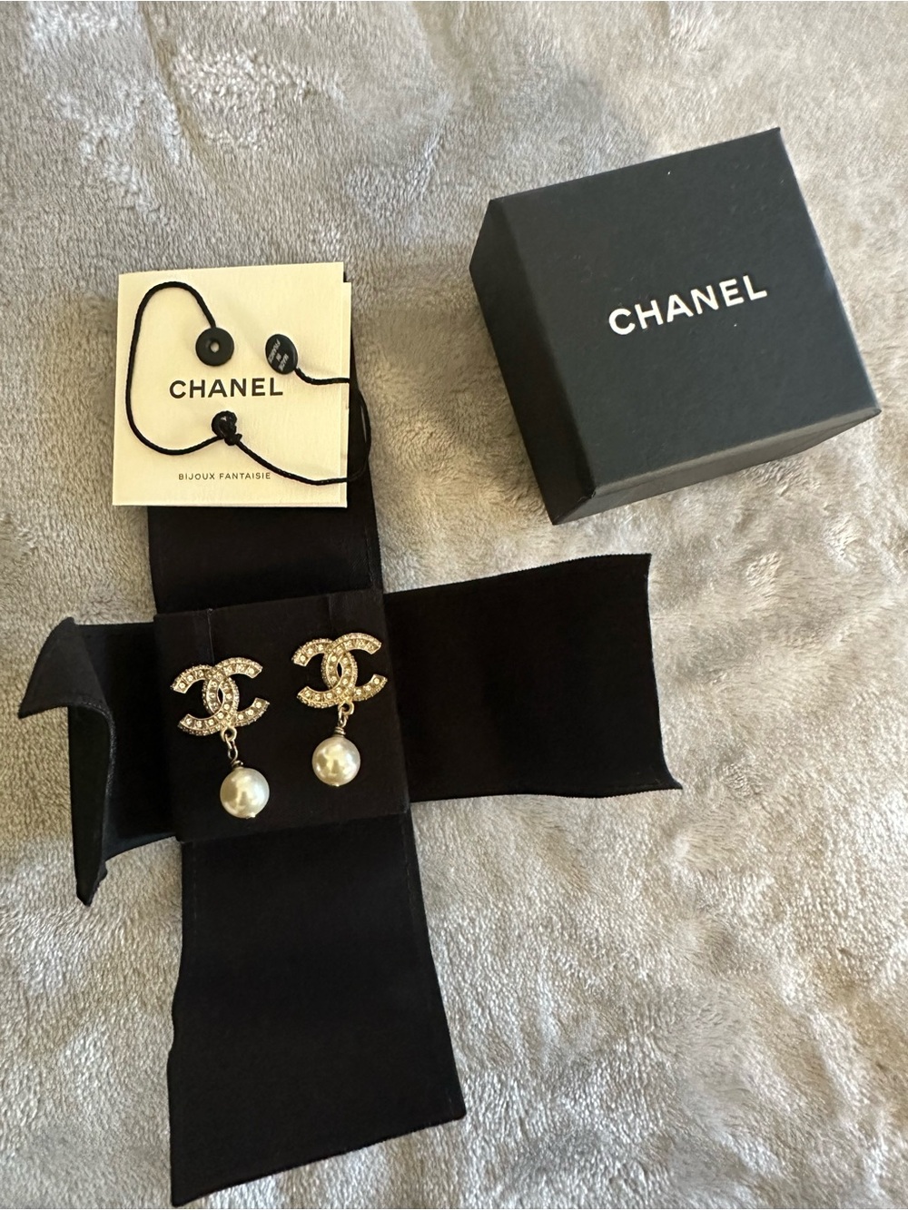 CHANEL Gold CC Crystal Drop Pearl Earrings